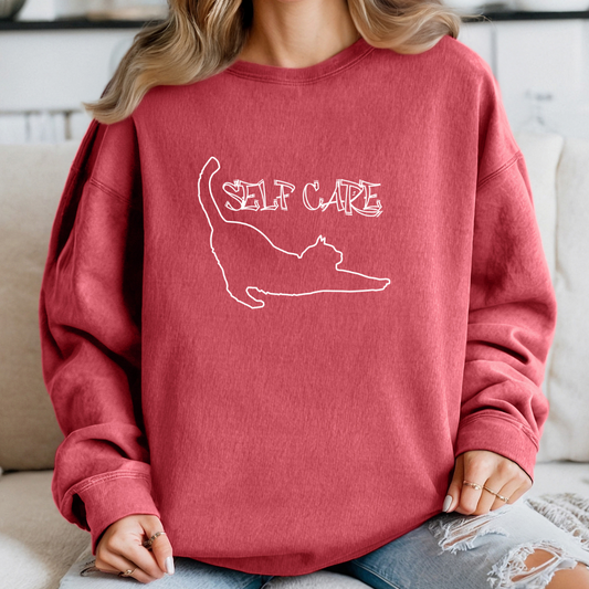 Cozy Self-Care Cat Sweatshirt, Perfect Gift for Cat Lovers and Mental Health and Positivity Advocates