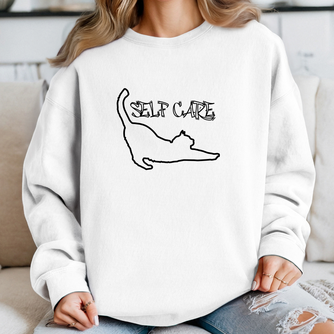Cozy Self-Care Cat Sweatshirt, Perfect Gift for Cat Lovers and Mental Health and Positivity Advocates