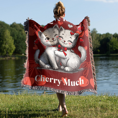 "Love You Cherry Much" Woven Cat Blanket – Cozy & Whimsical Home Accent