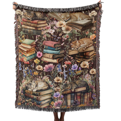 Woven Blanket – Cats, Books & Wildflowers | Cat & Book Lovers Gift