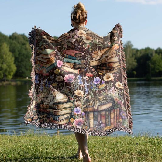 Woven Blanket – Cats, Books & Wildflowers | Cat & Book Lovers Gift