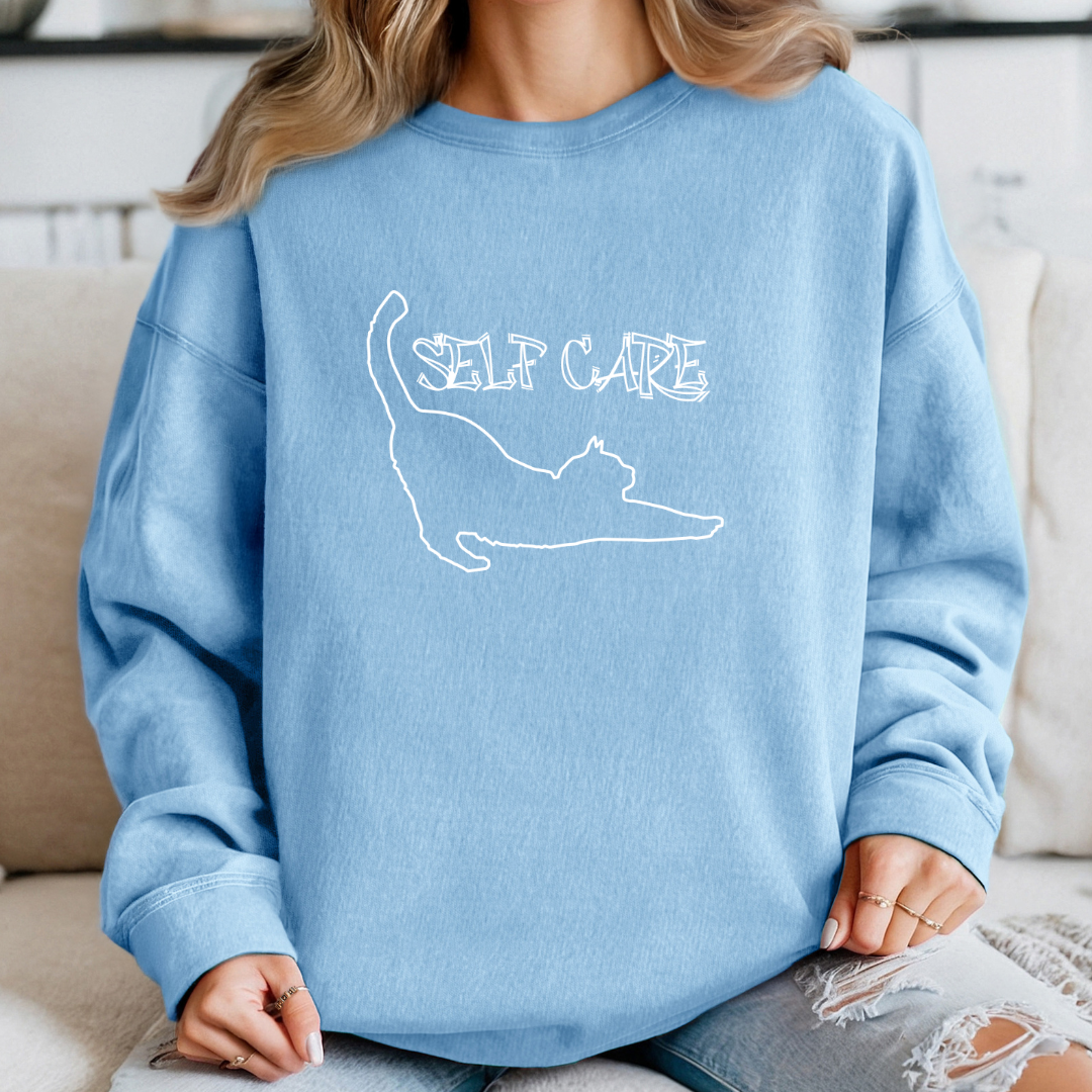 Cozy Self-Care Cat Sweatshirt, Perfect Gift for Cat Lovers and Mental Health and Positivity Advocates